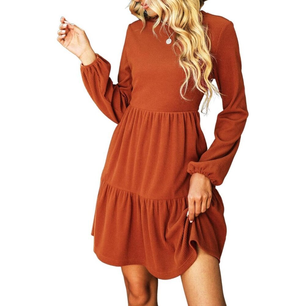 Women's Knit Fall Mini Dress Long Sleeve Crew Neck Tiered Ruffle Casual